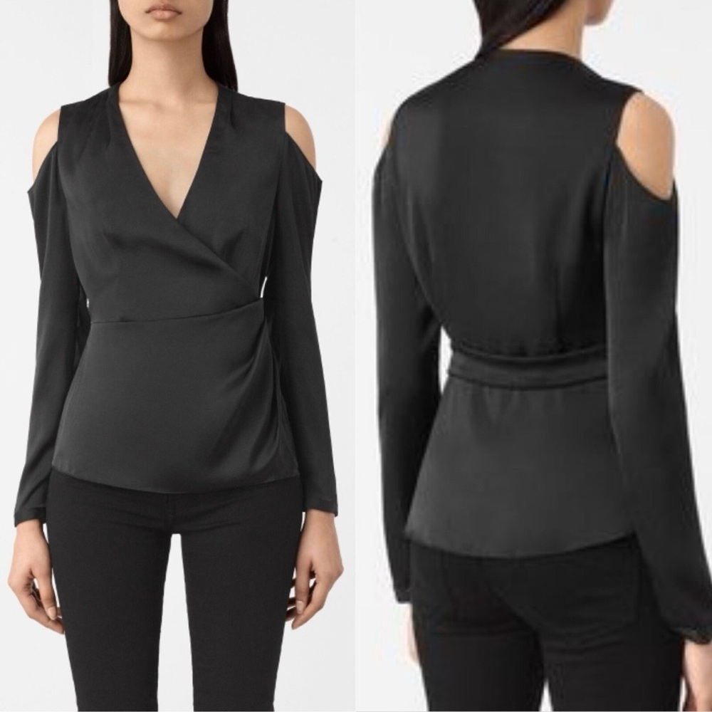 NWT All Saints Black Danio Cold Shoulder Wrap Top Size 0 Retail $178